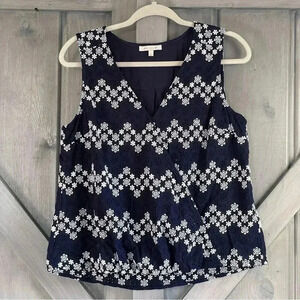 Anthropologie Skies are Blue Blouse Navy white floral eyelet‎ lace v neck